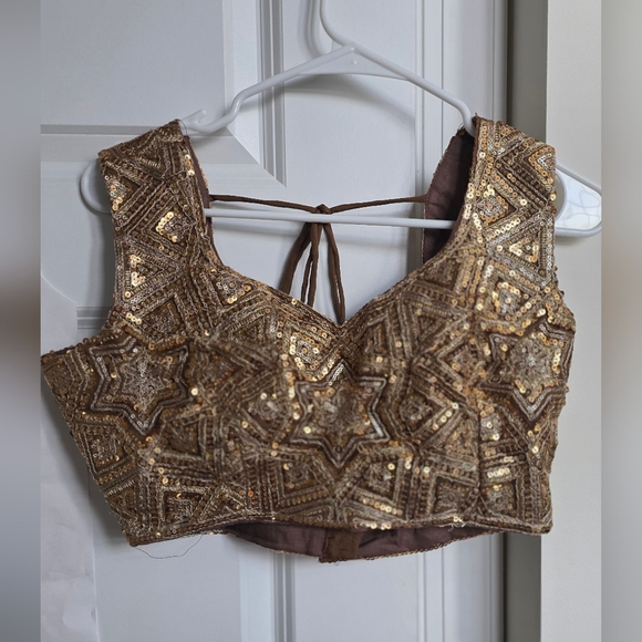 Golden Brown Net Embroidered Lehenga Choli - Picture 9 of 13